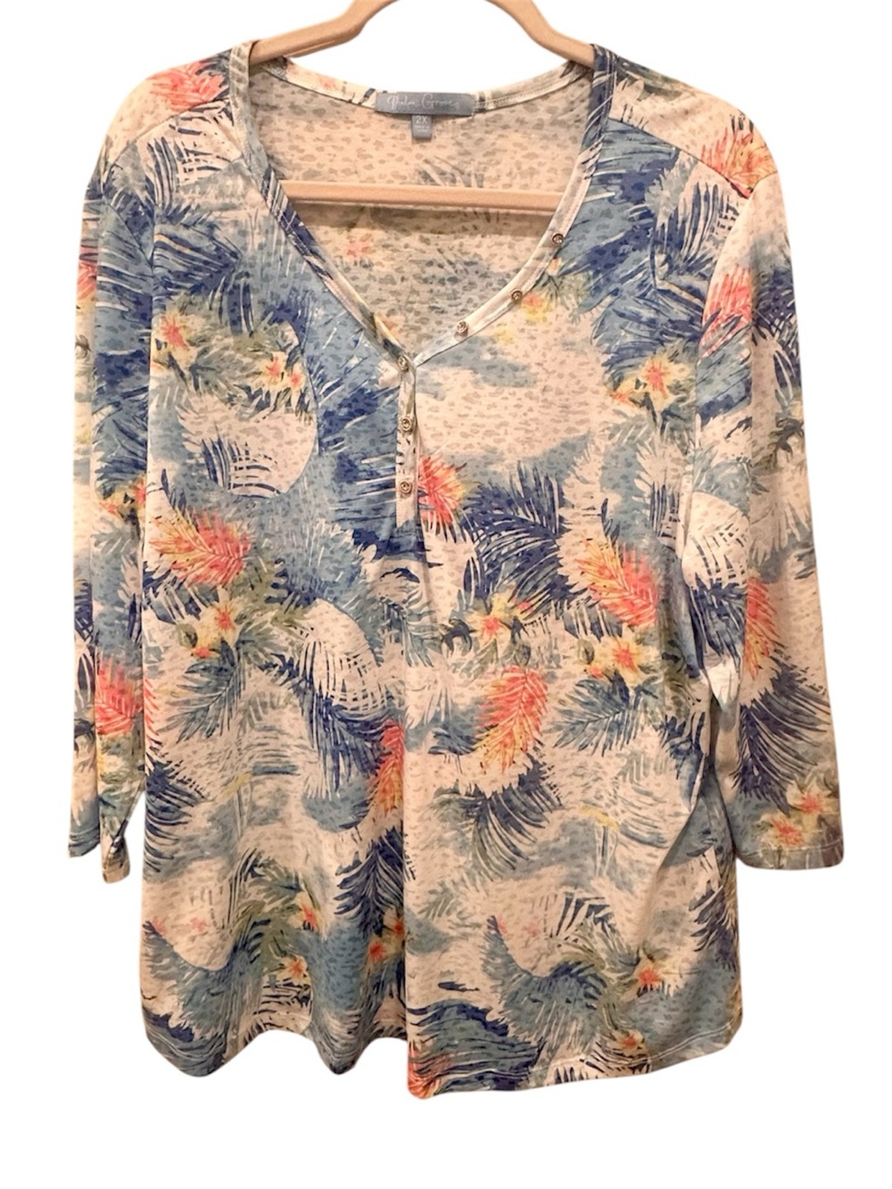 Tropical Leaf Print Floral Henley Tee Blue Coral Vacation Summer Coastal Sz 2X